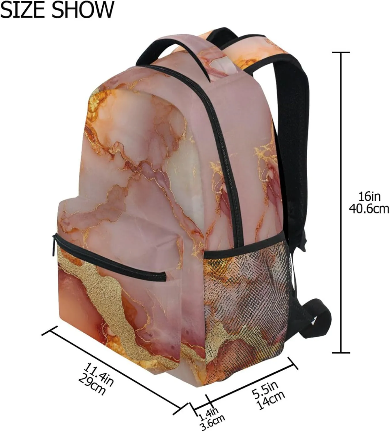 Laptop Backpack for Women Men Waterproof Sports Backpack with Chest Strap for Travel Trip Marble Rose Gold Orange
