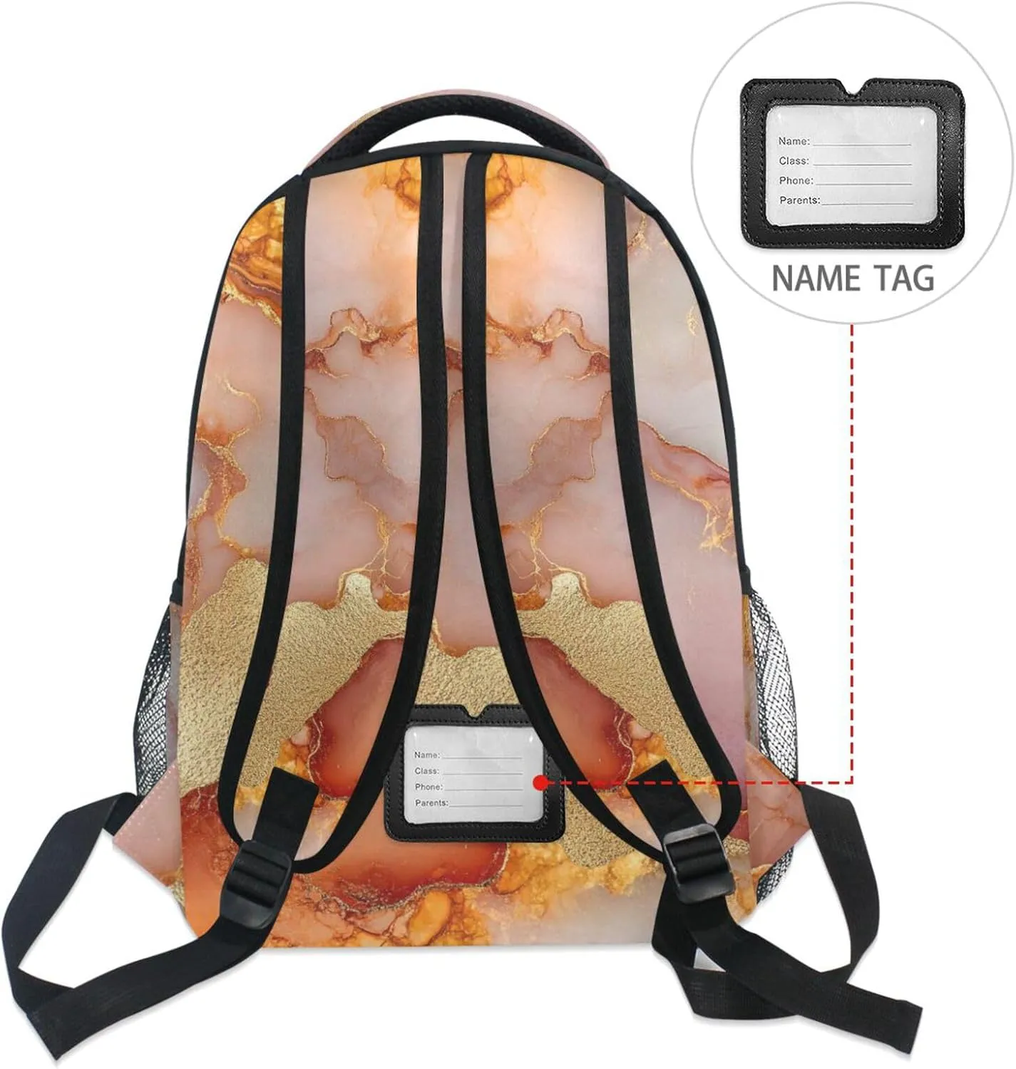Laptop Backpack for Women Men Waterproof Sports Backpack with Chest Strap for Travel Trip Marble Rose Gold Orange