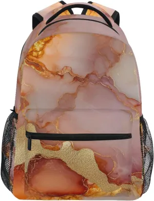 Laptop Backpack for Women Men Waterproof Sports Backpack with Chest Strap for Travel Trip Marble Rose Gold Orange