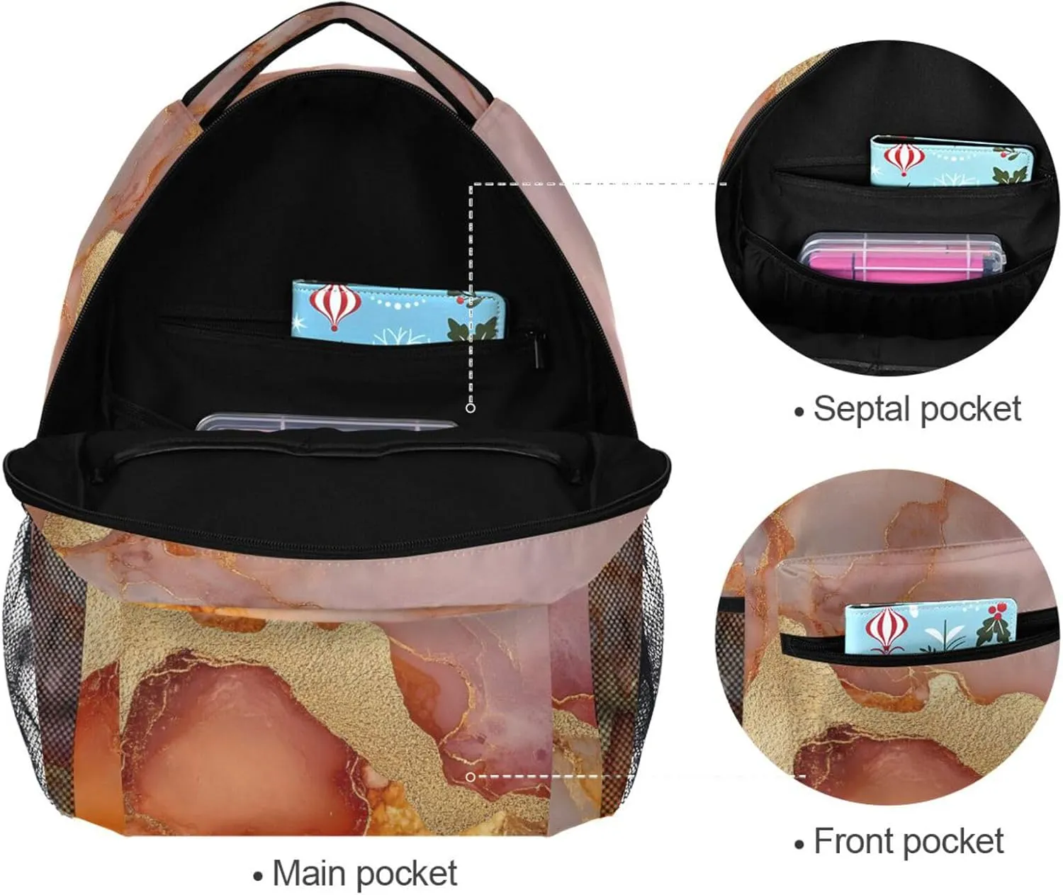 Laptop Backpack for Women Men Waterproof Sports Backpack with Chest Strap for Travel Trip Marble Rose Gold Orange