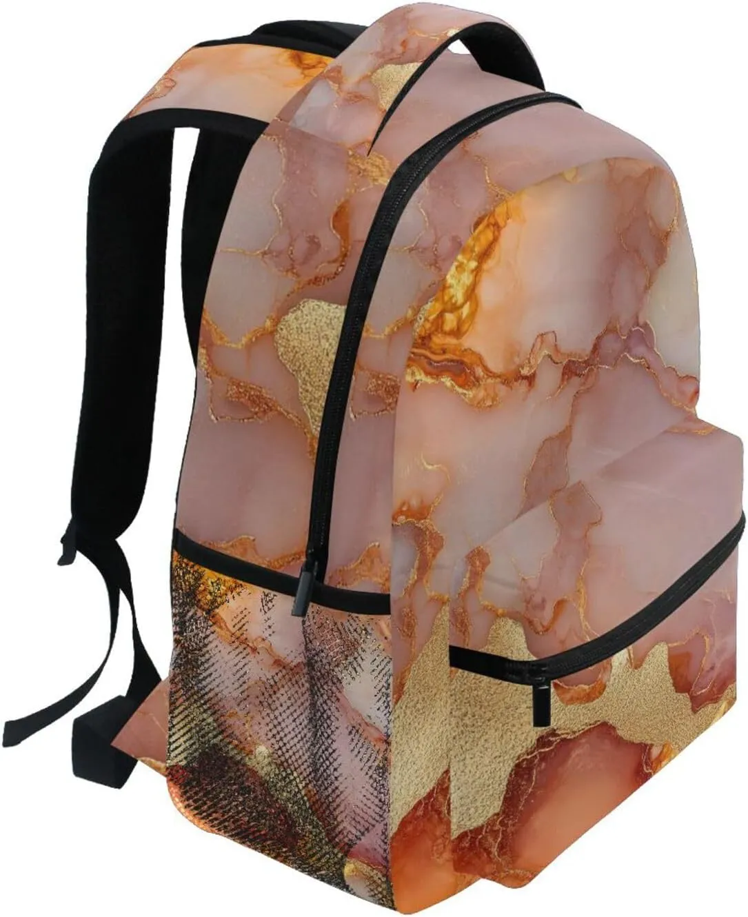 Laptop Backpack for Women Men Waterproof Sports Backpack with Chest Strap for Travel Trip Marble Rose Gold Orange