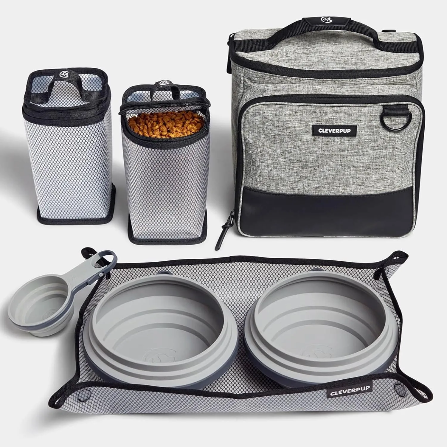 Large 7-Piece Bistro Box Dog Food Travel Kit, 12-Cup Kibble Storage, 2 Silicone Bowls, Mat & Scoop - Premium Portable Pet Food Kit for Weekends, Overnights, Daycare & Camping, Heather Grey