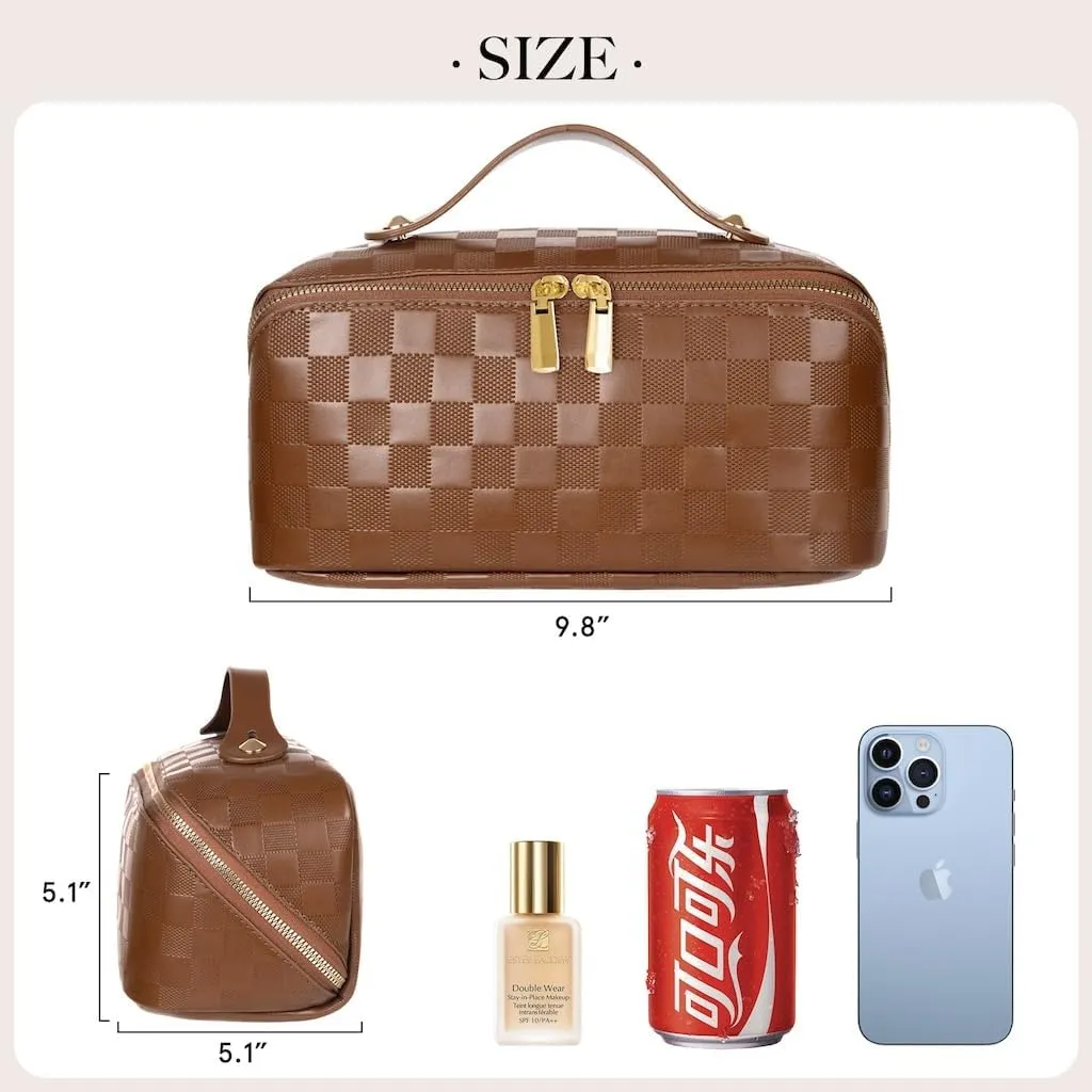 Large Capacity Checkered Makeup Bags Portable Travel Cosmetic Bags Open-Flat Toiletry Waterproof Bag for Women Girls Make up Organizer with Divider and Handle Pouch Zipper Bag (A-Brown)