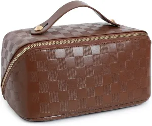 Large Capacity Checkered Makeup Bags Portable Travel Cosmetic Bags Open-Flat Toiletry Waterproof Bag for Women Girls Make up Organizer with Divider and Handle Pouch Zipper Bag (A-Brown)