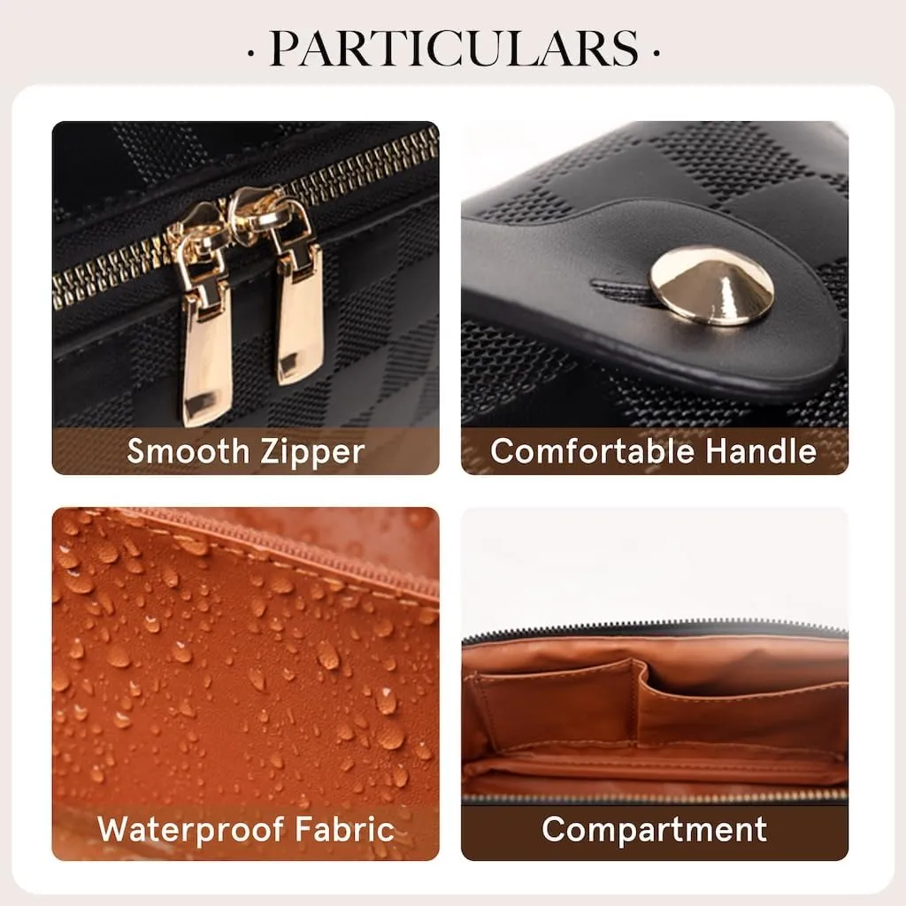 Large Capacity Checkered Makeup Bags Portable Travel Cosmetic Bags Open-Flat Toiletry Waterproof Bag for Women Girls Make up Organizer with Divider and Handle Pouch Zipper Bag (A-Brown)