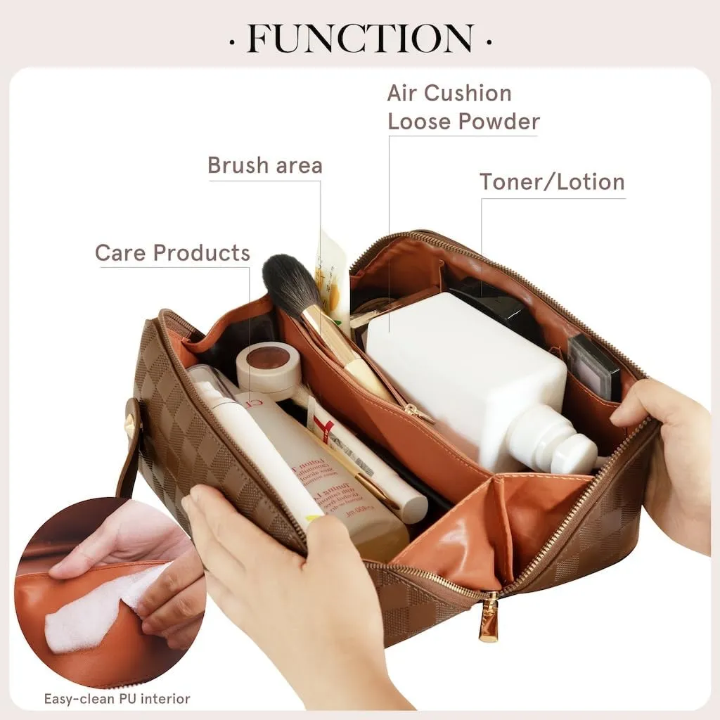 Large Capacity Checkered Makeup Bags Portable Travel Cosmetic Bags Open-Flat Toiletry Waterproof Bag for Women Girls Make up Organizer with Divider and Handle Pouch Zipper Bag (A-Brown)