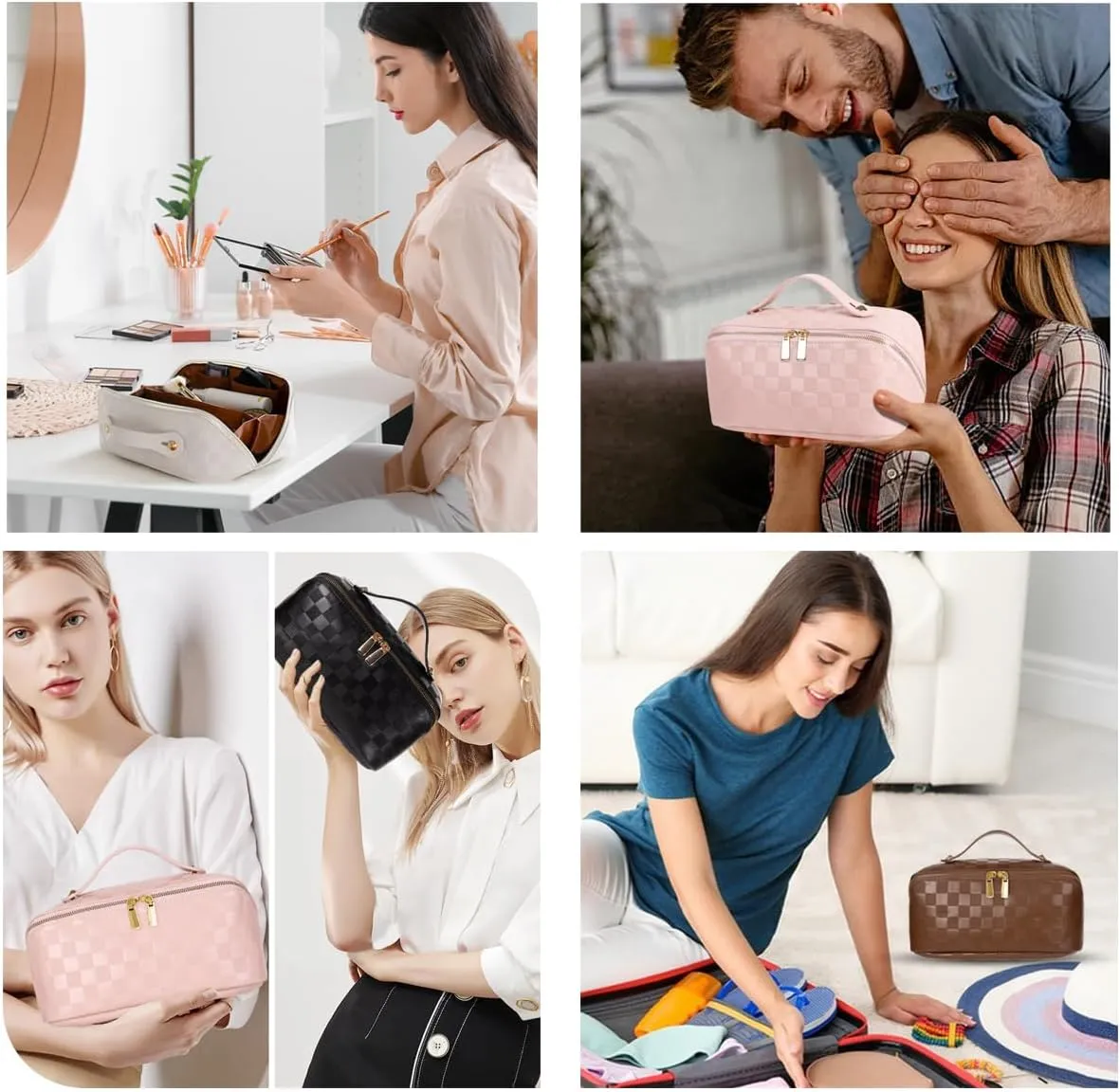 Large Capacity Checkered Makeup Bags Portable Travel Cosmetic Bags Open-Flat Toiletry Waterproof Bag for Women Girls Make up Organizer with Divider and Handle Pouch Zipper Bag (A-Brown)