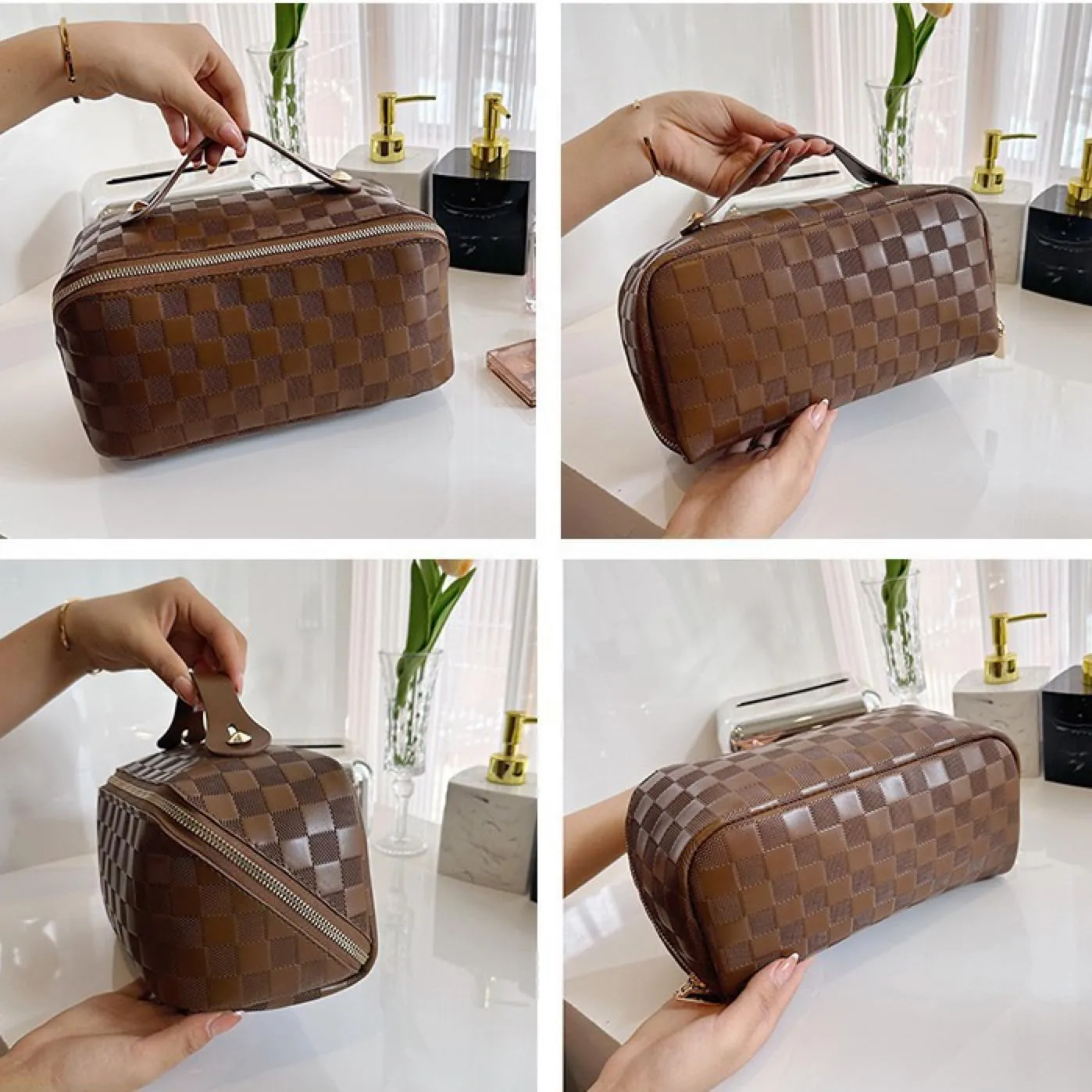 Large Capacity Checkered Makeup Bags Portable Travel Cosmetic Bags Open-Flat Toiletry Waterproof Bag for Women Girls Make up Organizer with Divider and Handle Pouch Zipper Bag (A-Brown)