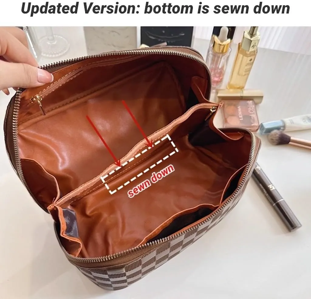 Large Capacity Checkered Makeup Bags Portable Travel Cosmetic Bags Open-Flat Toiletry Waterproof Bag for Women Girls Make up Organizer with Divider and Handle Pouch Zipper Bag (A-Brown)