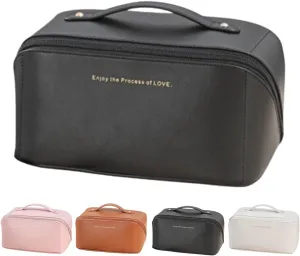 Large Capacity Makeup Bags Portable Travel Cosmetic Bags Open-Flat Toiletry Waterproof Bag for Women Girls Make up Organizer with Divider and Handle Pouch Zipper Bag (Black)