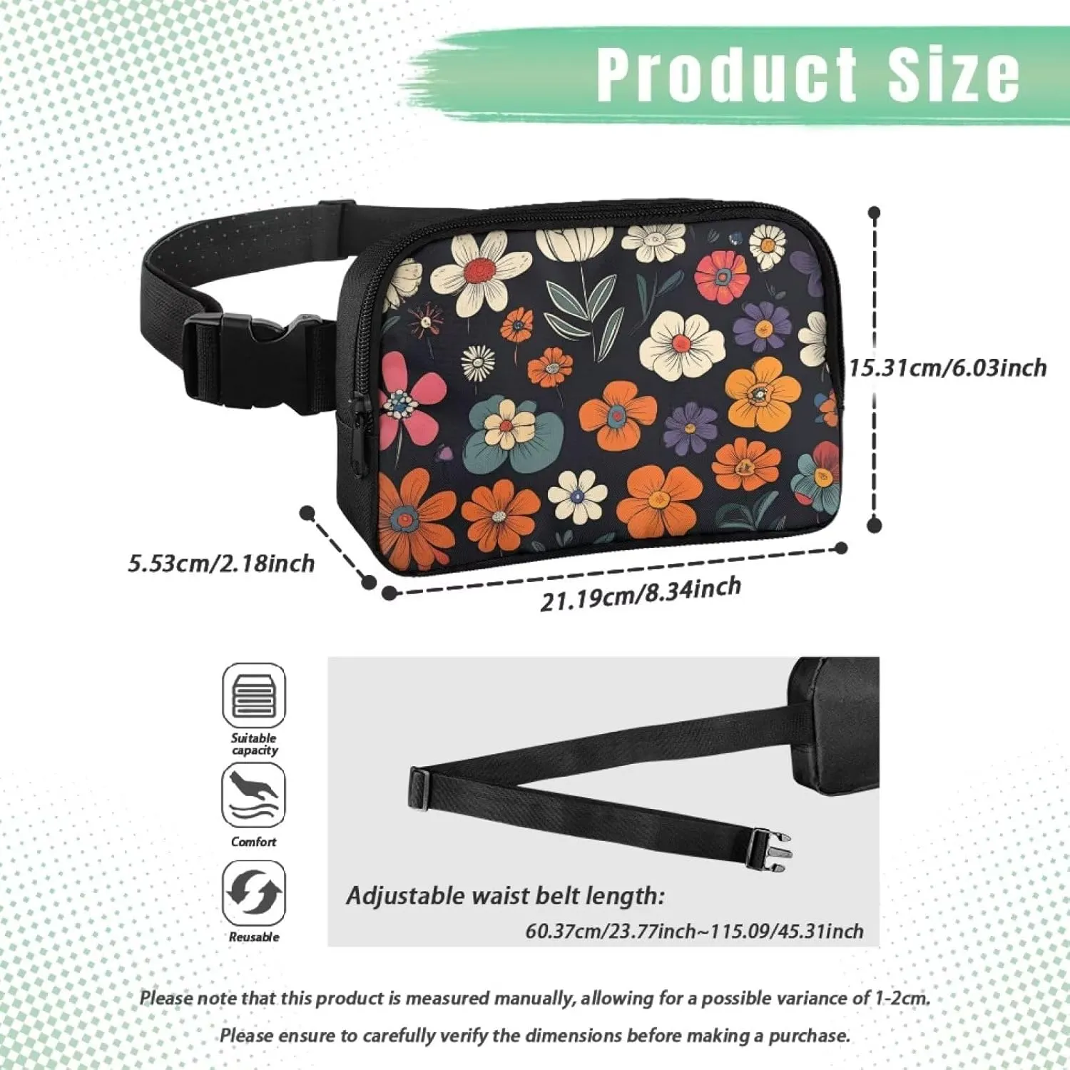 Large Crossbody Fanny Pack with Zipper Daisy Print Fanny Pack Purse Lightweight Polyester Waist Bag for Travel Running Hiking Practical Waist Wallet with Adjustable Strap Black