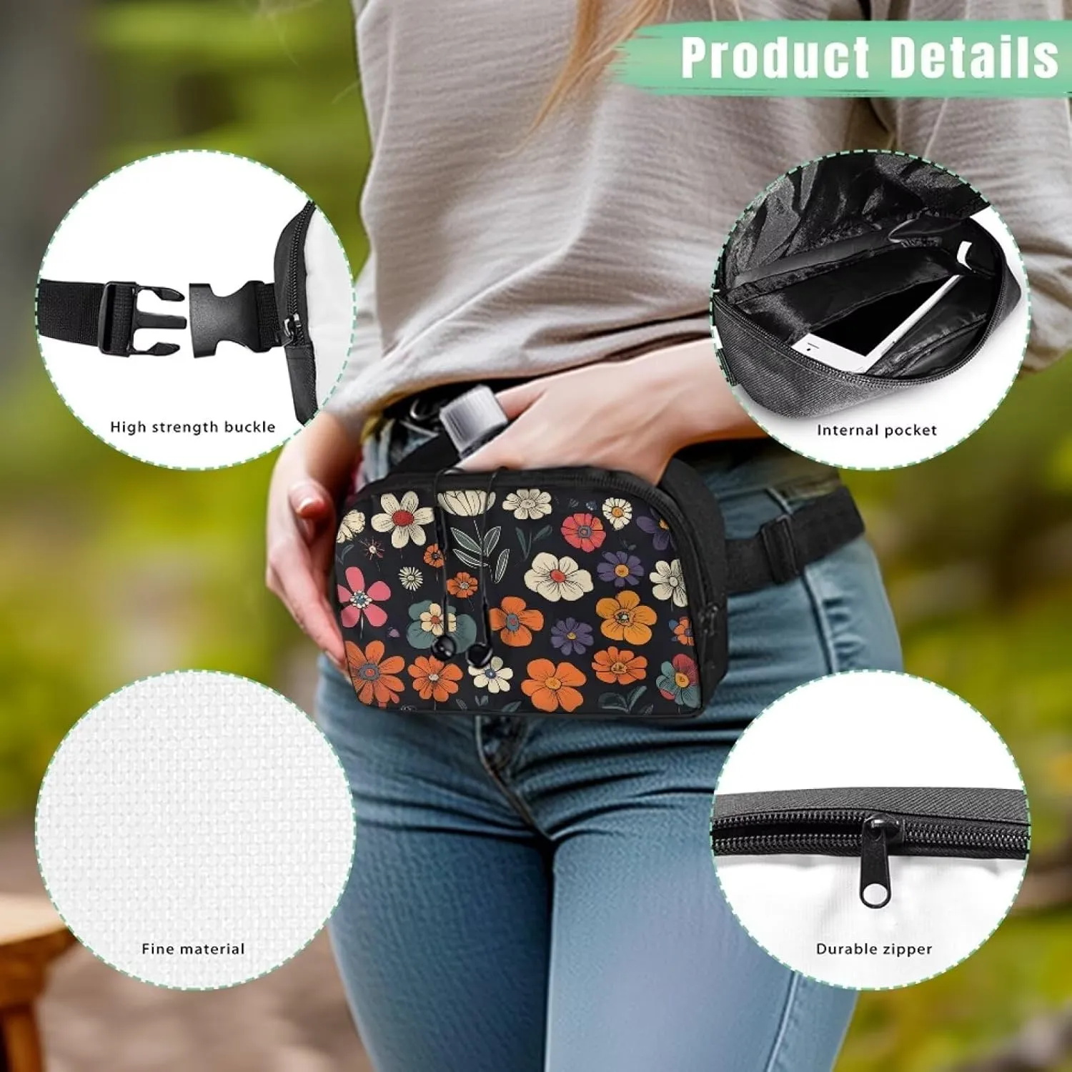 Large Crossbody Fanny Pack with Zipper Daisy Print Fanny Pack Purse Lightweight Polyester Waist Bag for Travel Running Hiking Practical Waist Wallet with Adjustable Strap Black
