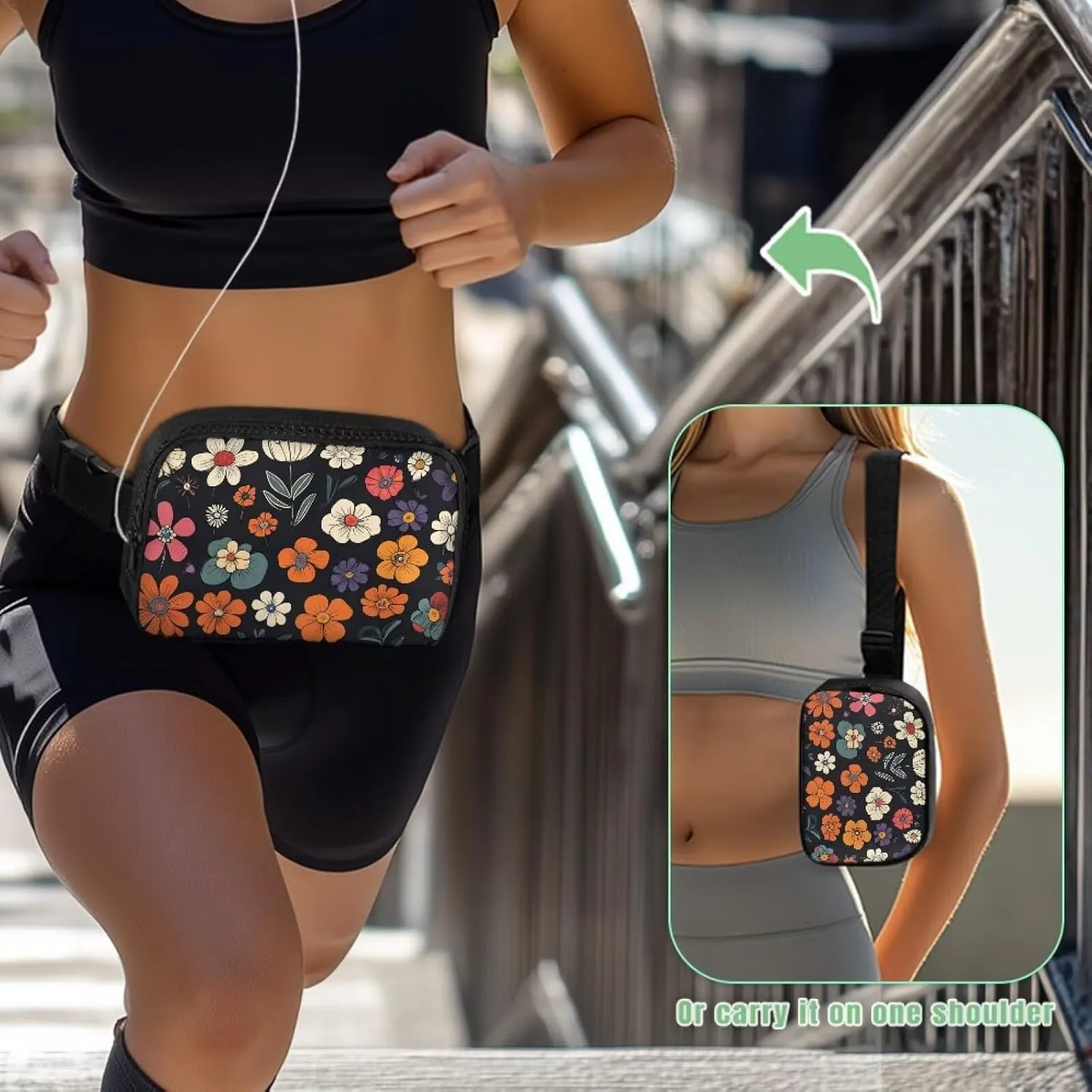 Large Crossbody Fanny Pack with Zipper Daisy Print Fanny Pack Purse Lightweight Polyester Waist Bag for Travel Running Hiking Practical Waist Wallet with Adjustable Strap Black