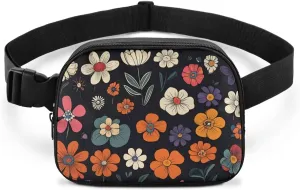 Large Crossbody Fanny Pack with Zipper Daisy Print Fanny Pack Purse Lightweight Polyester Waist Bag for Travel Running Hiking Practical Waist Wallet with Adjustable Strap Black