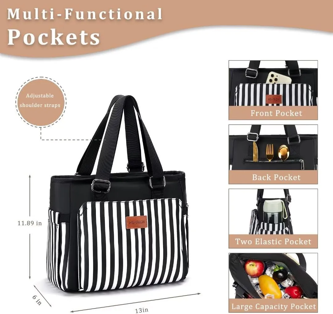 Large Women Lunch Bags for Work/Insulated Adult Lunch Box for Women/Leakproof Cooler Lunch Tote Bag with Storage Pocket. Reusable Lunch Cooler Purse for Work Picnic Hiking 14L, Black Stripes