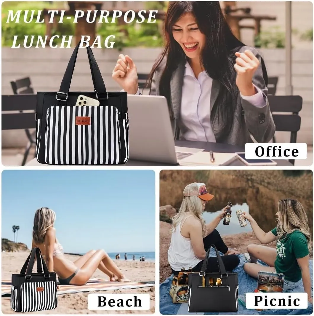 Large Women Lunch Bags for Work/Insulated Adult Lunch Box for Women/Leakproof Cooler Lunch Tote Bag with Storage Pocket. Reusable Lunch Cooler Purse for Work Picnic Hiking 14L, Black Stripes