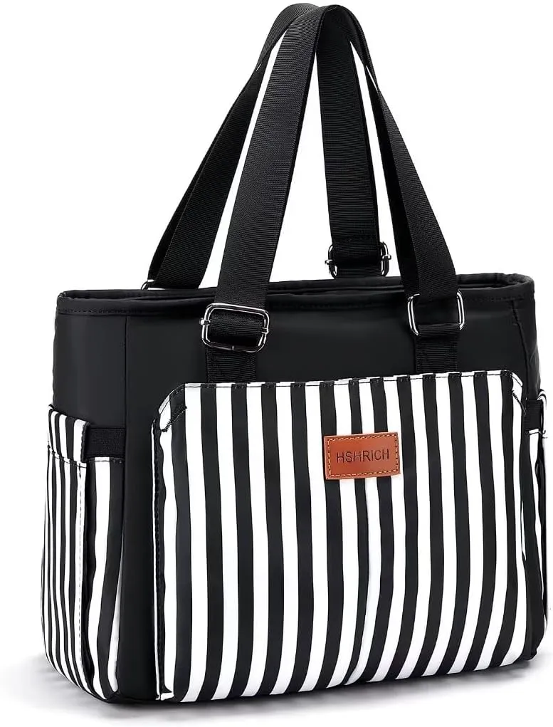 Large Women Lunch Bags for Work/Insulated Adult Lunch Box for Women/Leakproof Cooler Lunch Tote Bag with Storage Pocket. Reusable Lunch Cooler Purse for Work Picnic Hiking 14L, Black Stripes