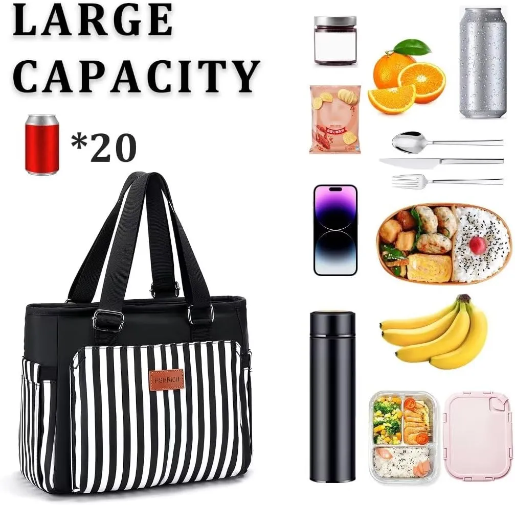 Large Women Lunch Bags for Work/Insulated Adult Lunch Box for Women/Leakproof Cooler Lunch Tote Bag with Storage Pocket. Reusable Lunch Cooler Purse for Work Picnic Hiking 14L, Black Stripes