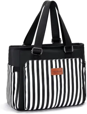 Large Women Lunch Bags for Work/Insulated Adult Lunch Box for Women/Leakproof Cooler Lunch Tote Bag with Storage Pocket. Reusable Lunch Cooler Purse for Work Picnic Hiking 14L, Black Stripes