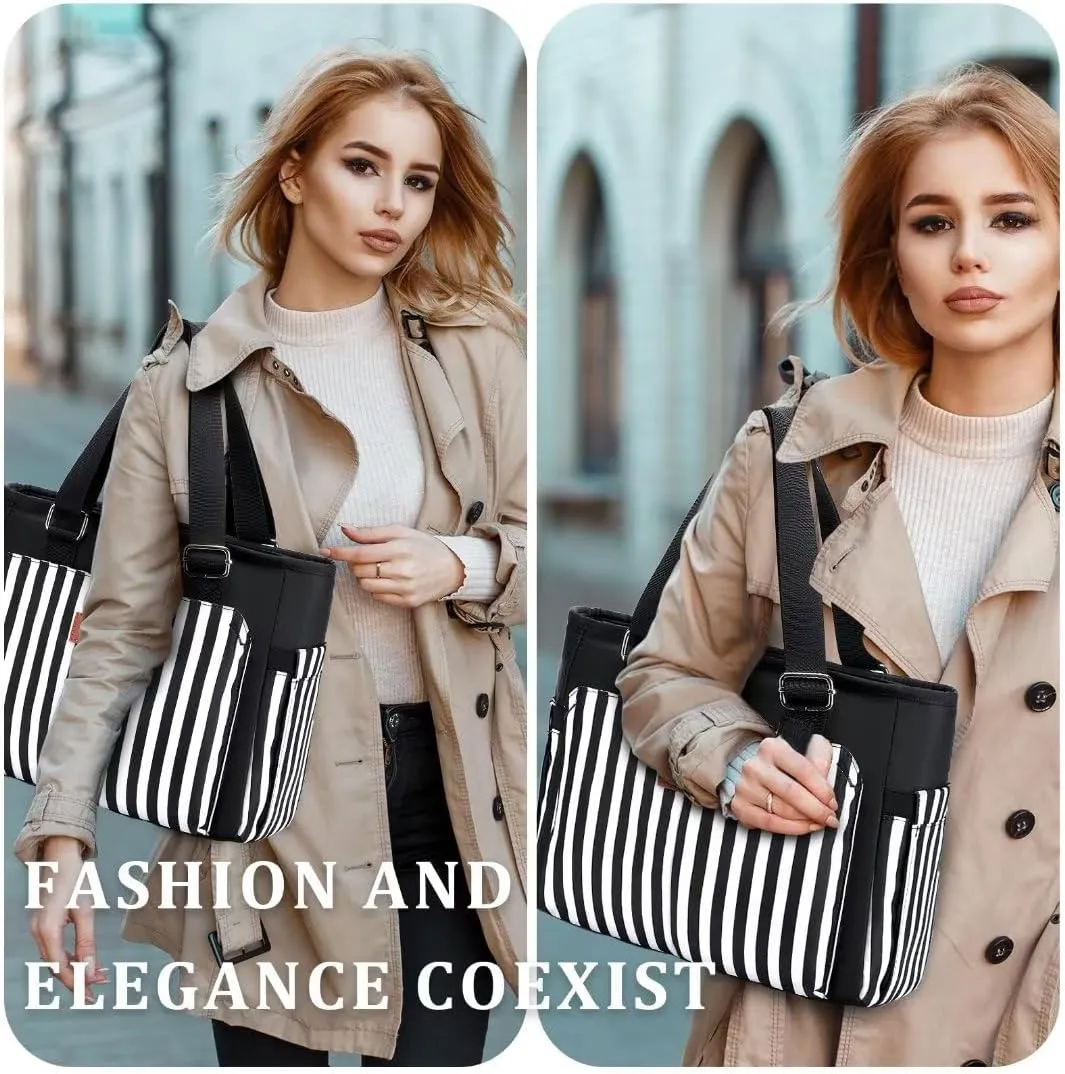 Large Women Lunch Bags for Work/Insulated Adult Lunch Box for Women/Leakproof Cooler Lunch Tote Bag with Storage Pocket. Reusable Lunch Cooler Purse for Work Picnic Hiking 14L, Black Stripes