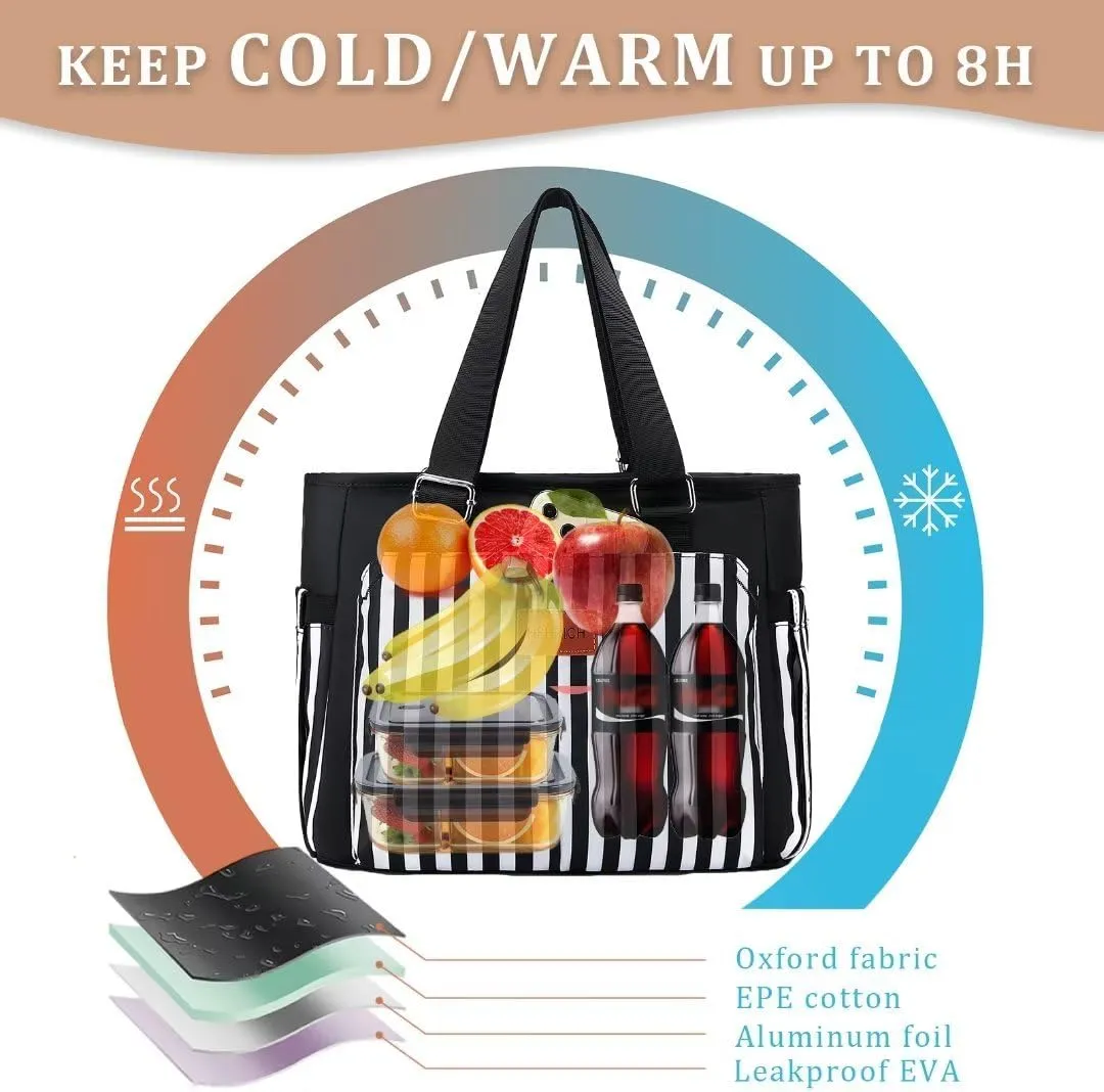 Large Women Lunch Bags for Work/Insulated Adult Lunch Box for Women/Leakproof Cooler Lunch Tote Bag with Storage Pocket. Reusable Lunch Cooler Purse for Work Picnic Hiking 14L, Black Stripes