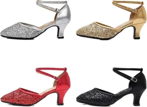 Latin Dance Shoes for Women Women Dance Shoes Square Latin Mid-high Heels Social Soft Sole Dance Shoes(3.5cm Gold Rubber Sole,33)