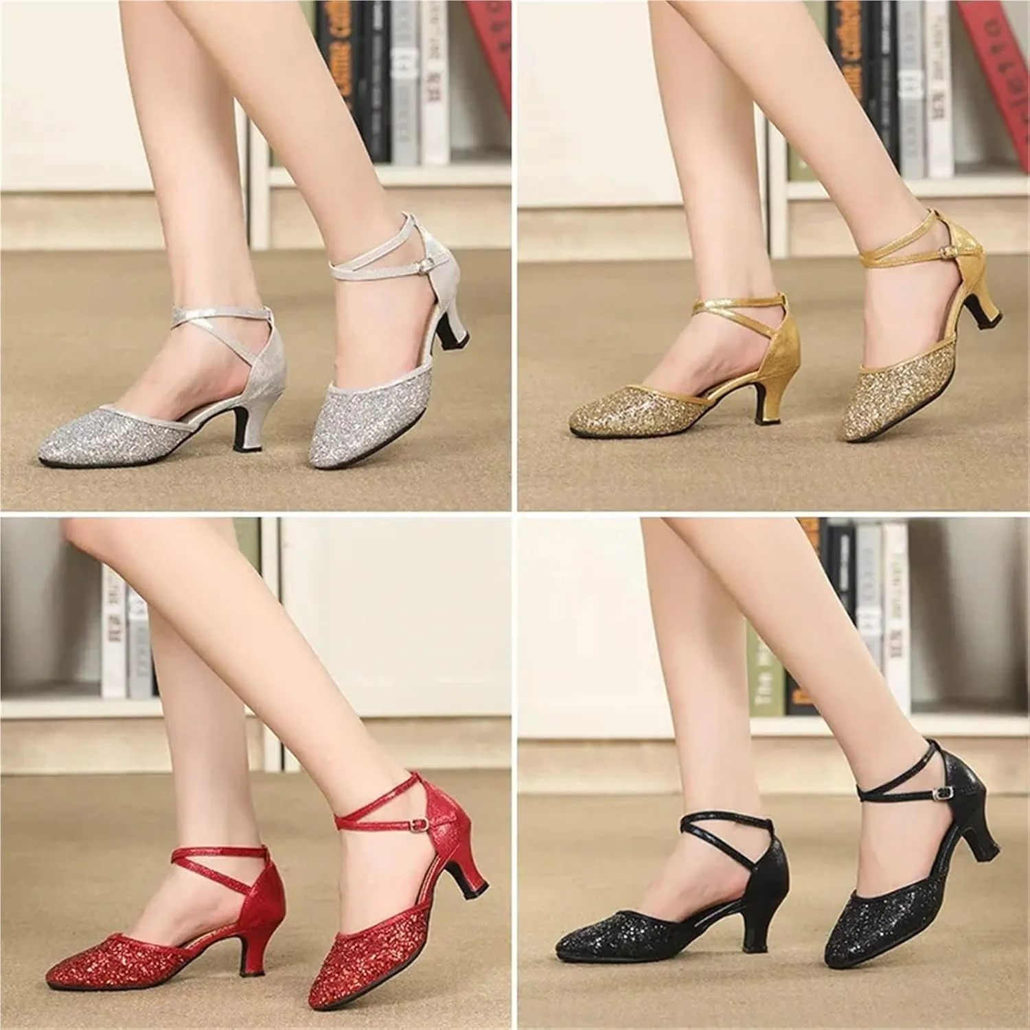 Latin Dance Shoes for Women Women Dance Shoes Square Latin Mid-high Heels Social Soft Sole Dance Shoes(3.5cm Gold Rubber Sole,33)