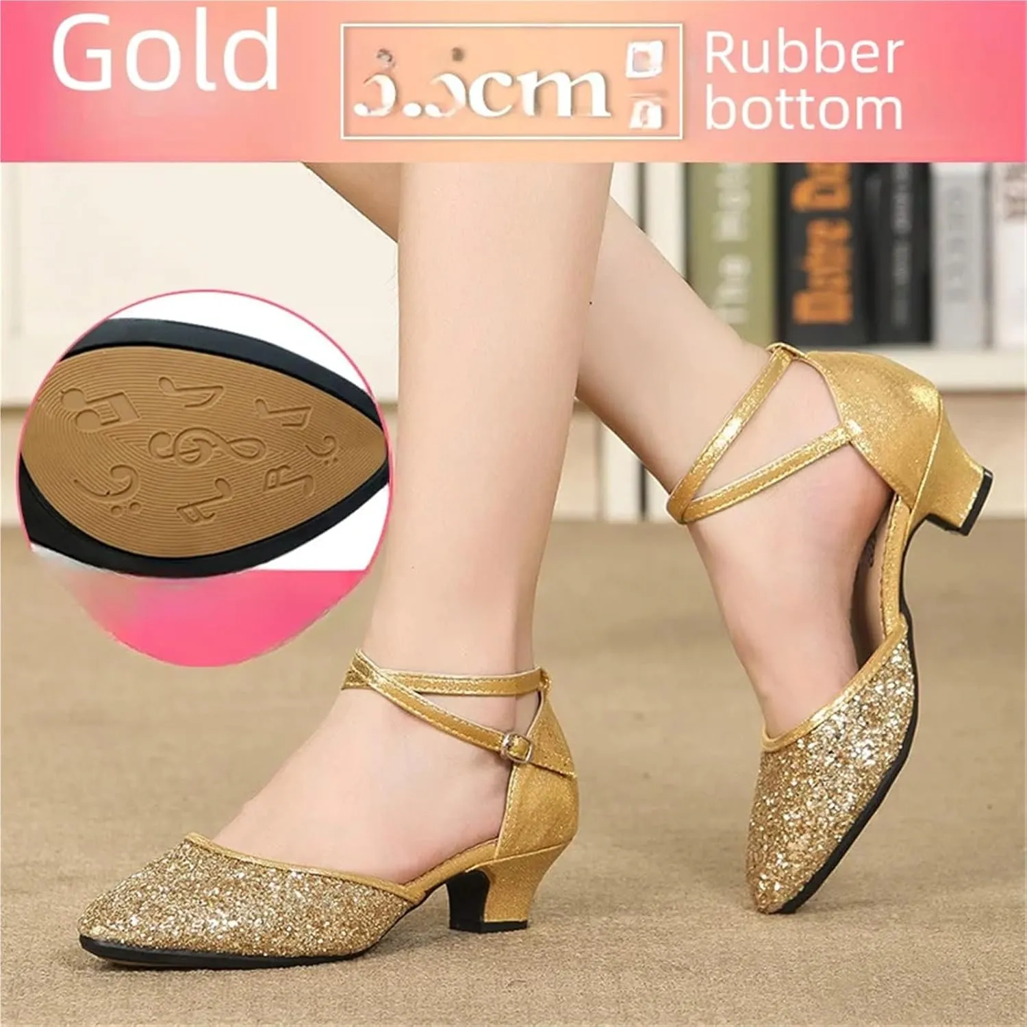Latin Dance Shoes for Women Women Dance Shoes Square Latin Mid-high Heels Social Soft Sole Dance Shoes(3.5cm Gold Rubber Sole,33)