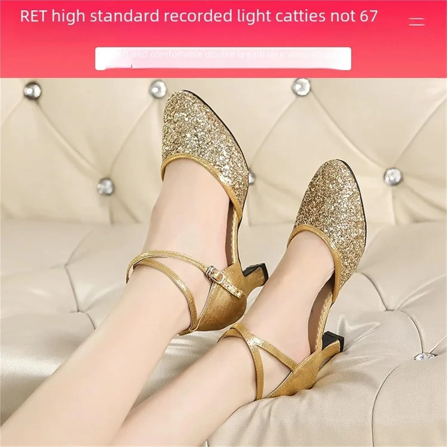 Latin Dance Shoes for Women Women Dance Shoes Square Latin Mid-high Heels Social Soft Sole Dance Shoes(3.5cm Gold Rubber Sole,33)