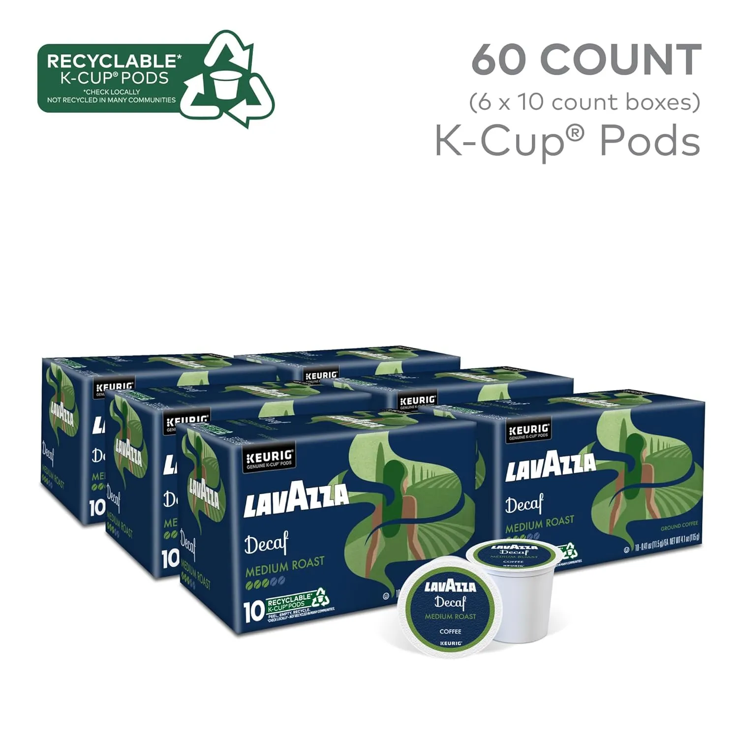 Lavazza Decaf, Single-Serve Keurig K-Cup Pods, Medium Roast Coffee, 60-Count Box (6 Packs of 10)