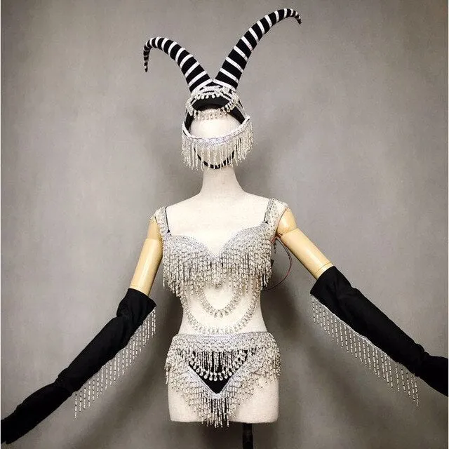 LED crystal tassel Jazz Dance Costume set Sexy Stage Show Outfits Nightclub Bar Singer Gogo clothing Women Performance Wear