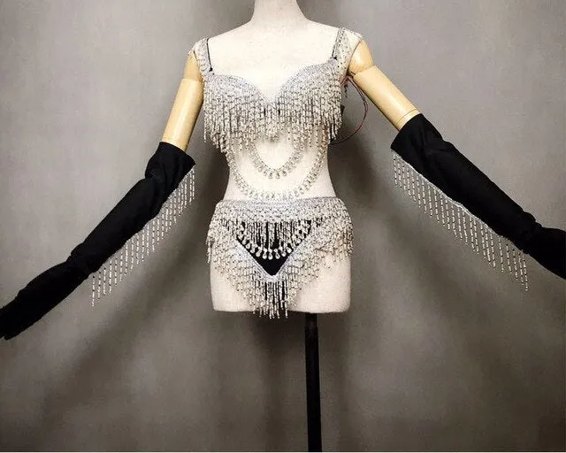 LED crystal tassel Jazz Dance Costume set Sexy Stage Show Outfits Nightclub Bar Singer Gogo clothing Women Performance Wear
