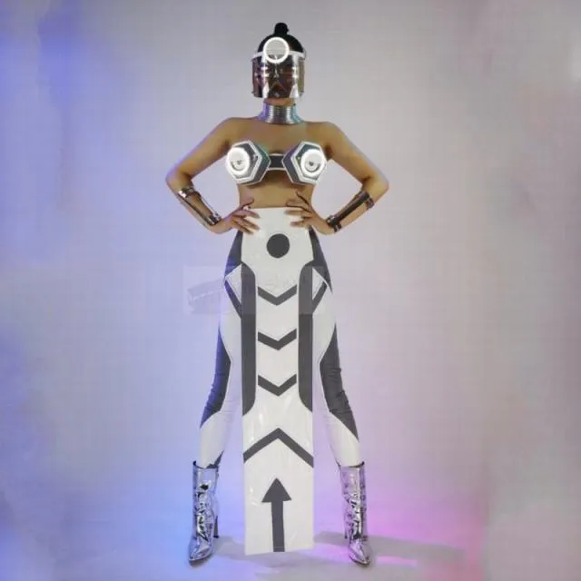 led dance stage space costume women light up wear carnival show clothes mask ball mirror men gogo dancer robot led suit