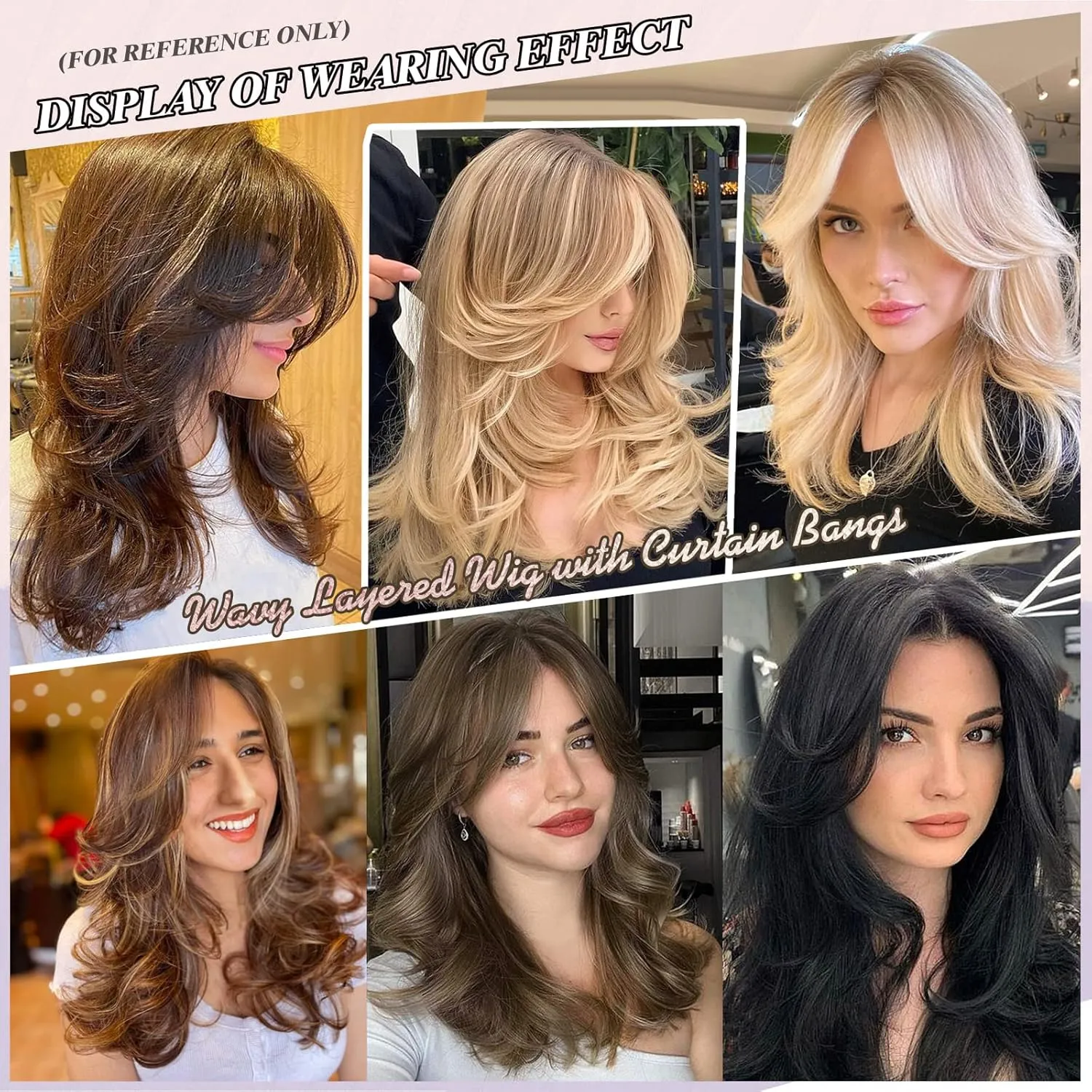 LEOSA Strawberry Blonde Wig With Curtain Bangs - Long Honey Wavy Layered Cut for White Women, Synthetic Mixed Hair for Daily Party Use