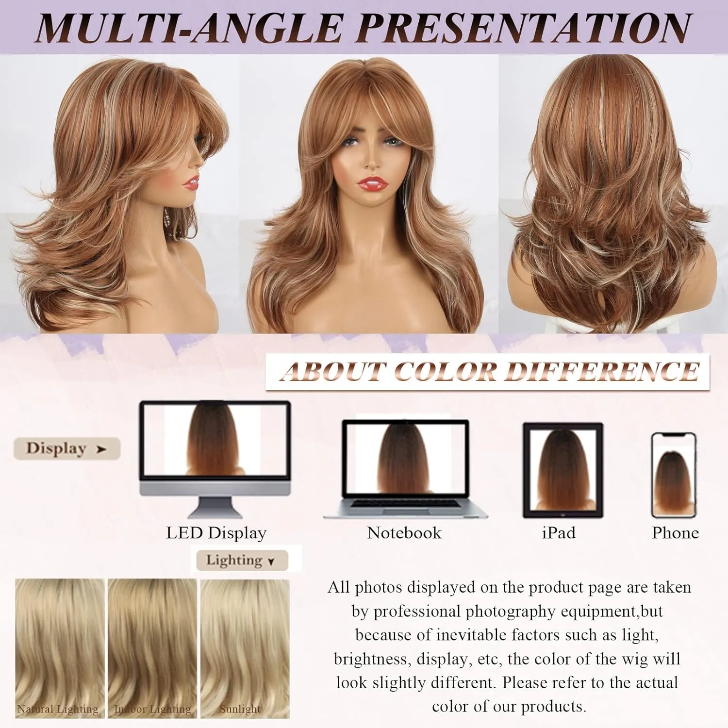 LEOSA Strawberry Blonde Wig With Curtain Bangs - Long Honey Wavy Layered Cut for White Women, Synthetic Mixed Hair for Daily Party Use