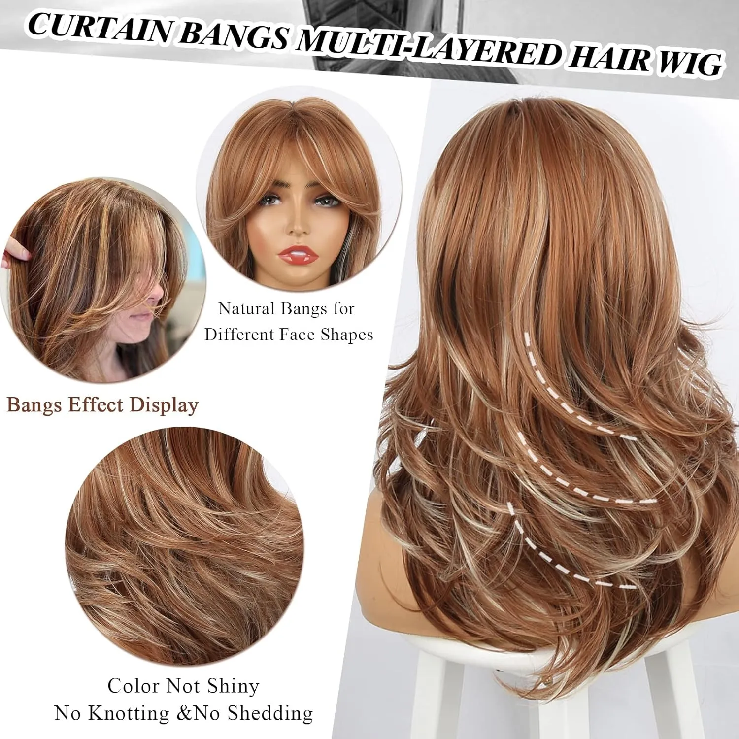 LEOSA Strawberry Blonde Wig With Curtain Bangs - Long Honey Wavy Layered Cut for White Women, Synthetic Mixed Hair for Daily Party Use