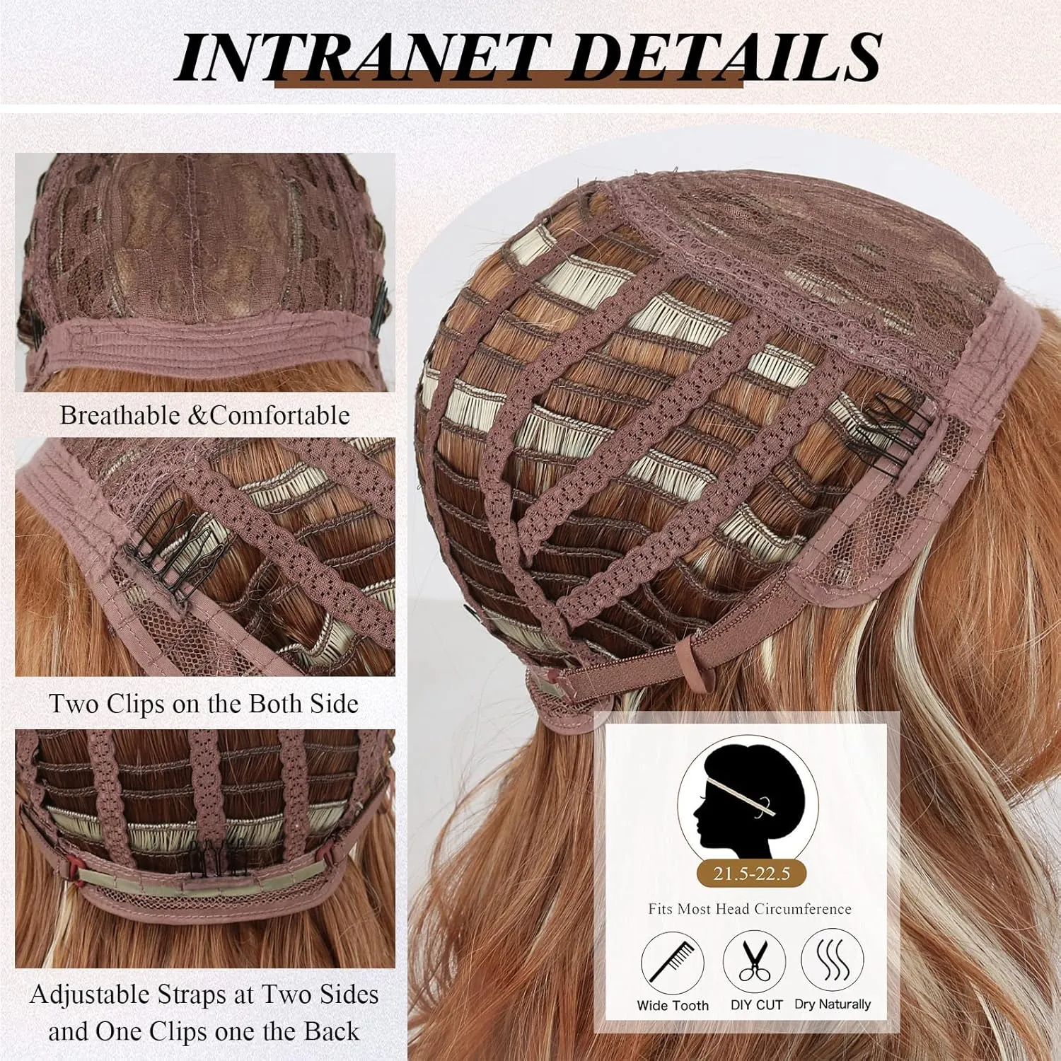 LEOSA Strawberry Blonde Wig With Curtain Bangs - Long Honey Wavy Layered Cut for White Women, Synthetic Mixed Hair for Daily Party Use