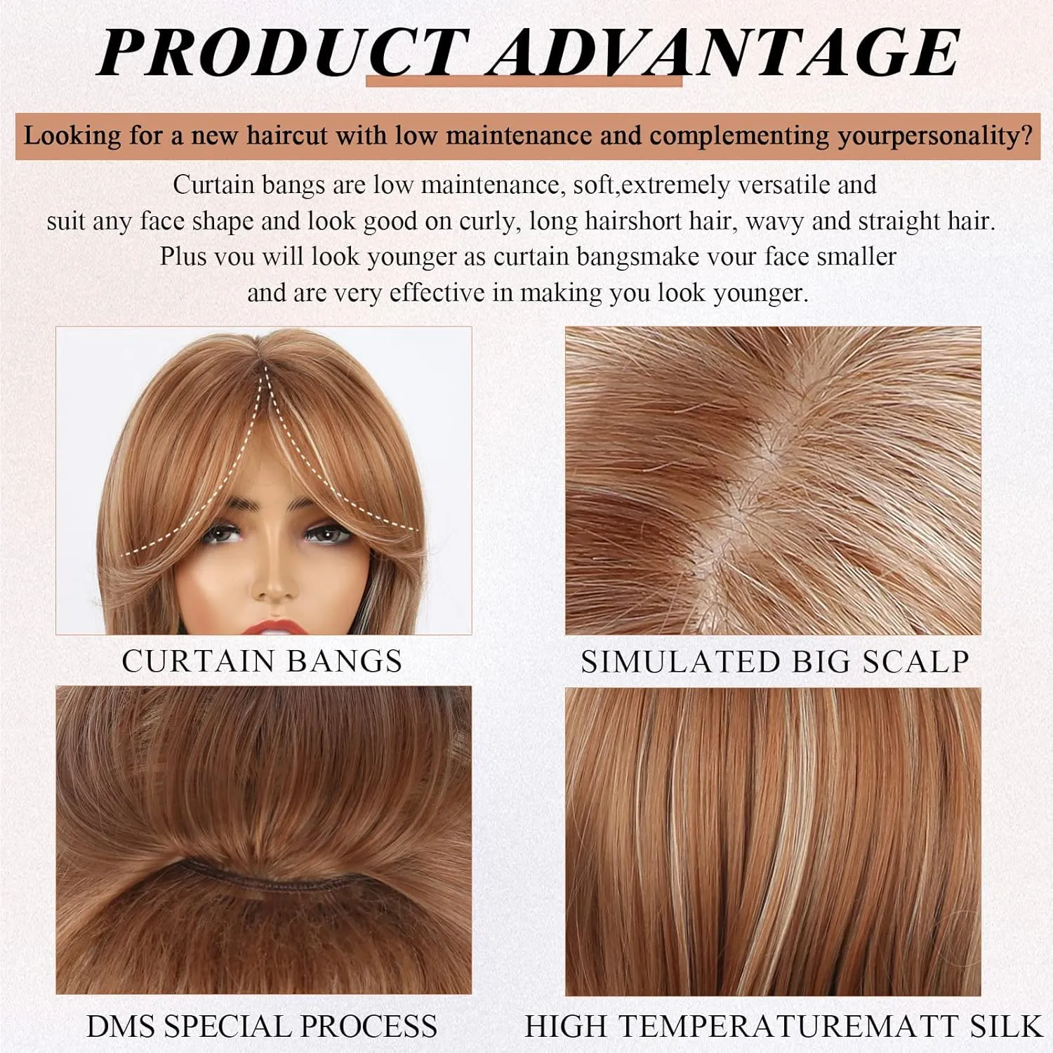 LEOSA Strawberry Blonde Wig With Curtain Bangs - Long Honey Wavy Layered Cut for White Women, Synthetic Mixed Hair for Daily Party Use