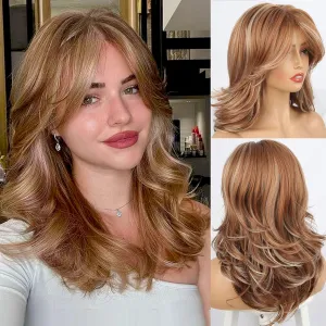 LEOSA Strawberry Blonde Wig With Curtain Bangs - Long Honey Wavy Layered Cut for White Women, Synthetic Mixed Hair for Daily Party Use
