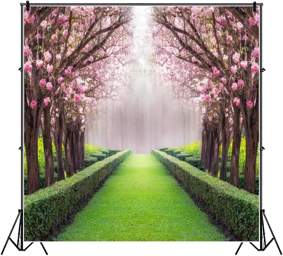 Leowefowa 6.5x6.5ft Spring Garden Backdrop Cherry Blossom Blooming Fresh Flowers Backdrops for Photography Jungle Forest Trees Plants Green Grassland Vinyl Background Wedding Ceremony Photo Props