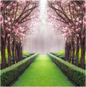 Leowefowa 6.5x6.5ft Spring Garden Backdrop Cherry Blossom Blooming Fresh Flowers Backdrops for Photography Jungle Forest Trees Plants Green Grassland Vinyl Background Wedding Ceremony Photo Props