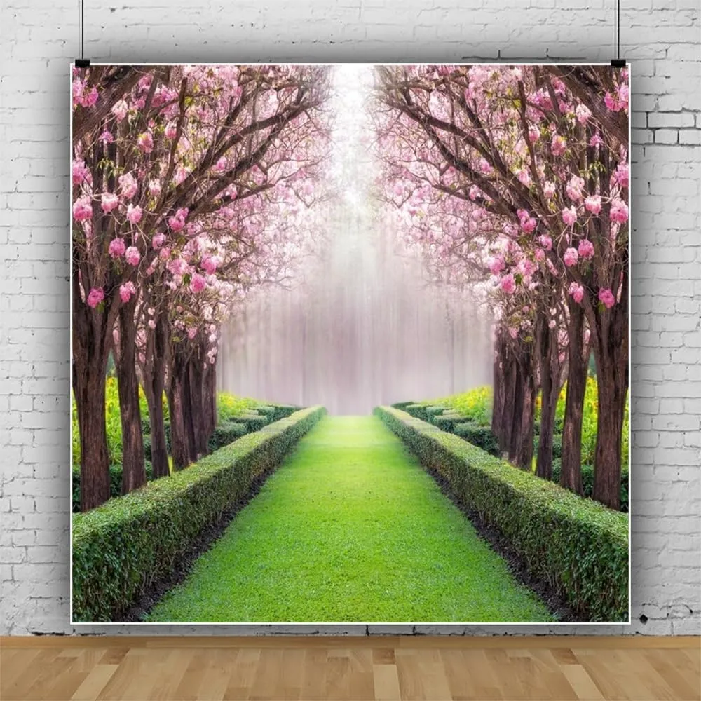Leowefowa 6.5x6.5ft Spring Garden Backdrop Cherry Blossom Blooming Fresh Flowers Backdrops for Photography Jungle Forest Trees Plants Green Grassland Vinyl Background Wedding Ceremony Photo Props