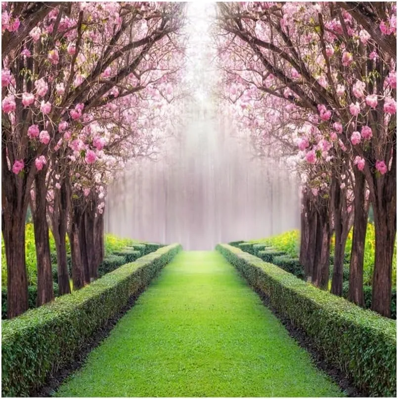 Leowefowa 6.5x6.5ft Spring Garden Backdrop Cherry Blossom Blooming Fresh Flowers Backdrops for Photography Jungle Forest Trees Plants Green Grassland Vinyl Background Wedding Ceremony Photo Props