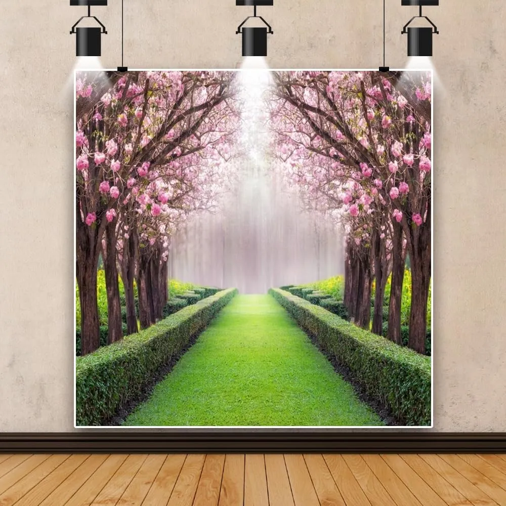Leowefowa 6.5x6.5ft Spring Garden Backdrop Cherry Blossom Blooming Fresh Flowers Backdrops for Photography Jungle Forest Trees Plants Green Grassland Vinyl Background Wedding Ceremony Photo Props