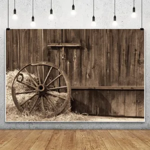 Leowefowa Western Cowboy Photo Backdrop 10x8ft Vinyl Barn Door Old Barn with Antique Wheel Hay Bales Haystack Country Theme Photography Background for Kid Birthday Party