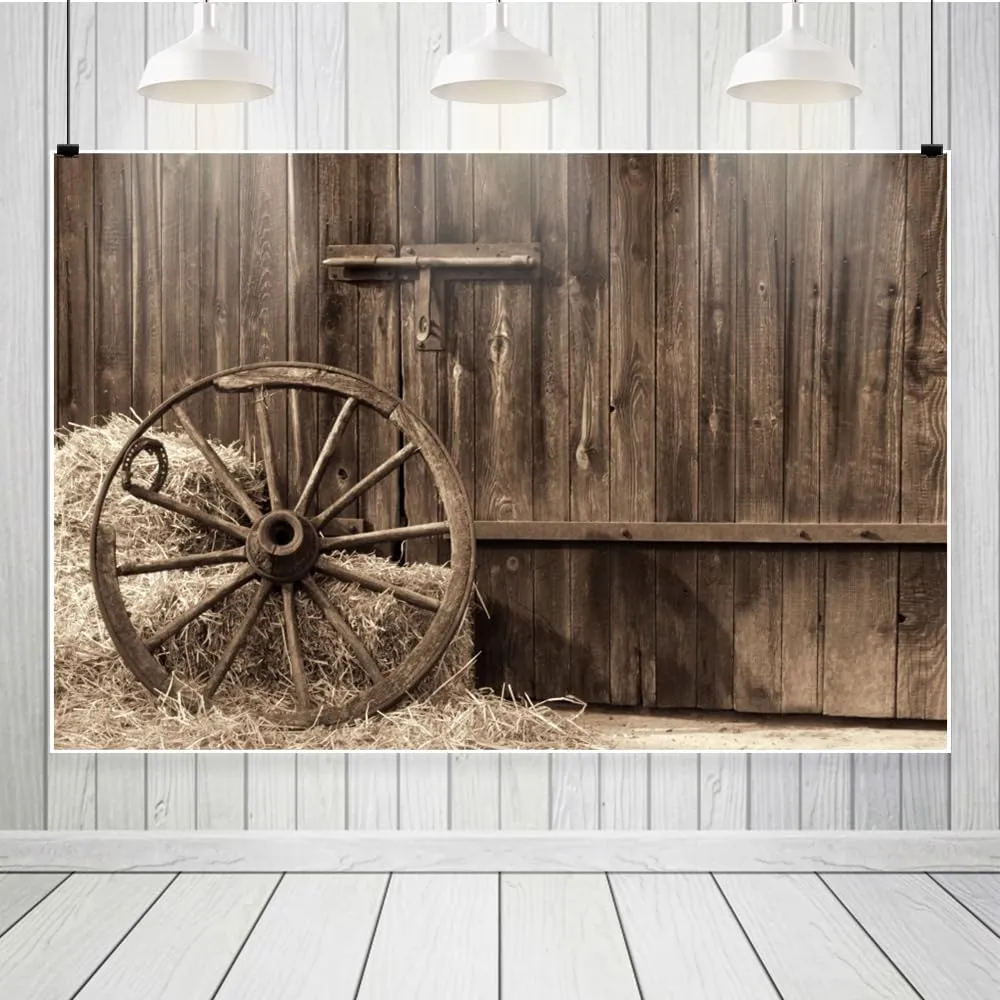 Leowefowa Western Cowboy Photo Backdrop 10x8ft Vinyl Barn Door Old Barn with Antique Wheel Hay Bales Haystack Country Theme Photography Background for Kid Birthday Party