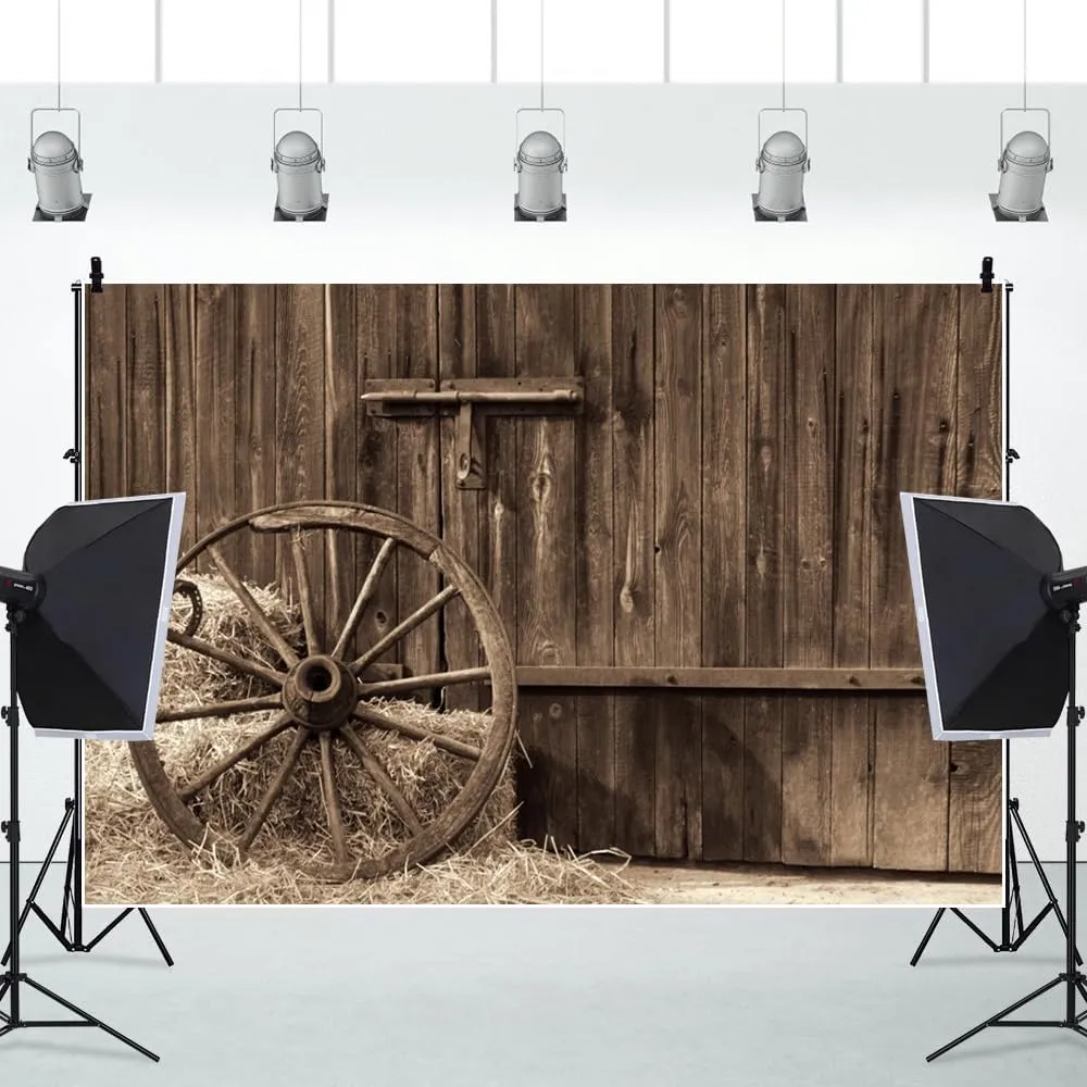 Leowefowa Western Cowboy Photo Backdrop 10x8ft Vinyl Barn Door Old Barn with Antique Wheel Hay Bales Haystack Country Theme Photography Background for Kid Birthday Party