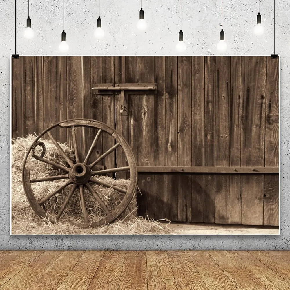 Leowefowa Western Cowboy Photo Backdrop 10x8ft Vinyl Barn Door Old Barn with Antique Wheel Hay Bales Haystack Country Theme Photography Background for Kid Birthday Party