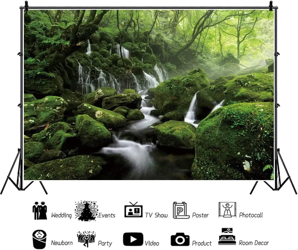Leyiyi 20x10ft Forest Waterfall Backdrop Graceful Natural Scenery Photography Background Spring Scenery Misty Jungle Rock Mountain Flowing Stream Rainforest Birthday Party Events Photo Studio Props