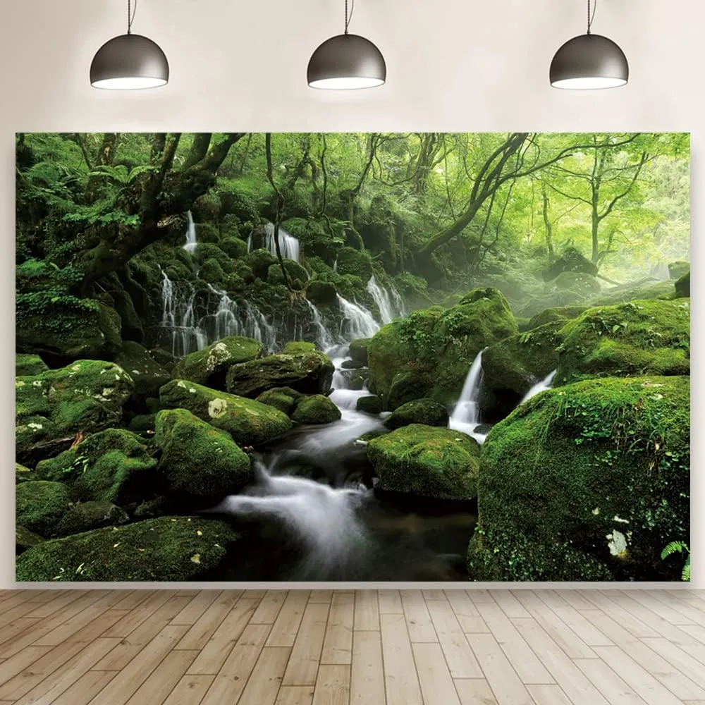 Leyiyi 20x10ft Forest Waterfall Backdrop Graceful Natural Scenery Photography Background Spring Scenery Misty Jungle Rock Mountain Flowing Stream Rainforest Birthday Party Events Photo Studio Props